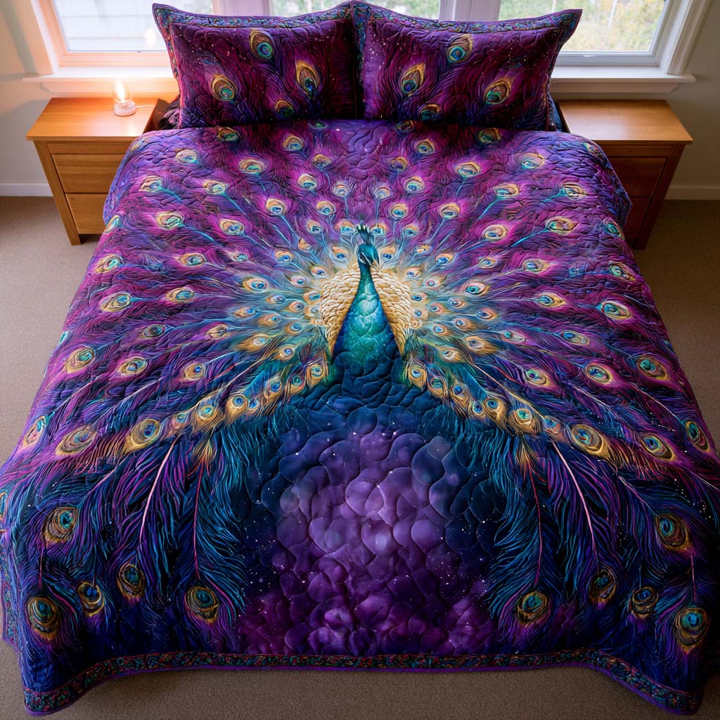 Mystical Purple Peacock Radiance Bamboo Quilt Bedding Set