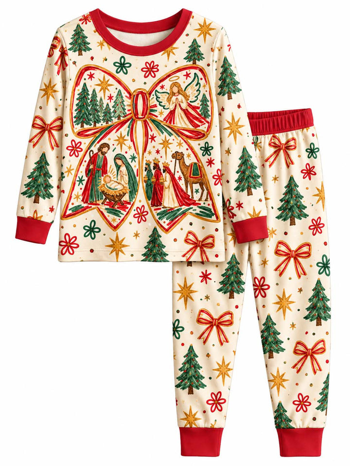 Nativity Christmas Bow Bamboo Two Piece Long Sleeve Pajama Set