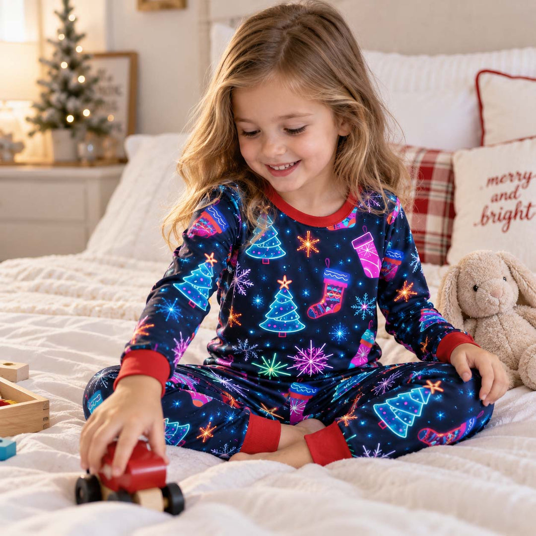 Neon Christmas Night Bamboo Two Piece Long Sleeve Pajama Set