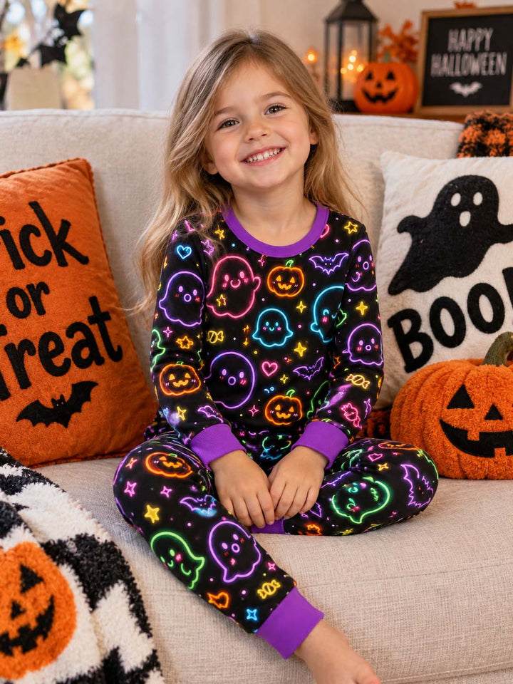 Neon Cute Ghost Halloween Party Bamboo Two Piece Long Sleeve Pajama Set