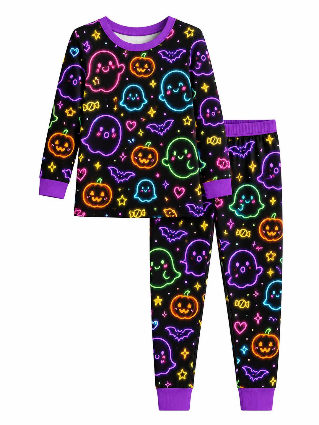 Neon Cute Ghost Halloween Party Bamboo Two Piece Long Sleeve Pajama Set