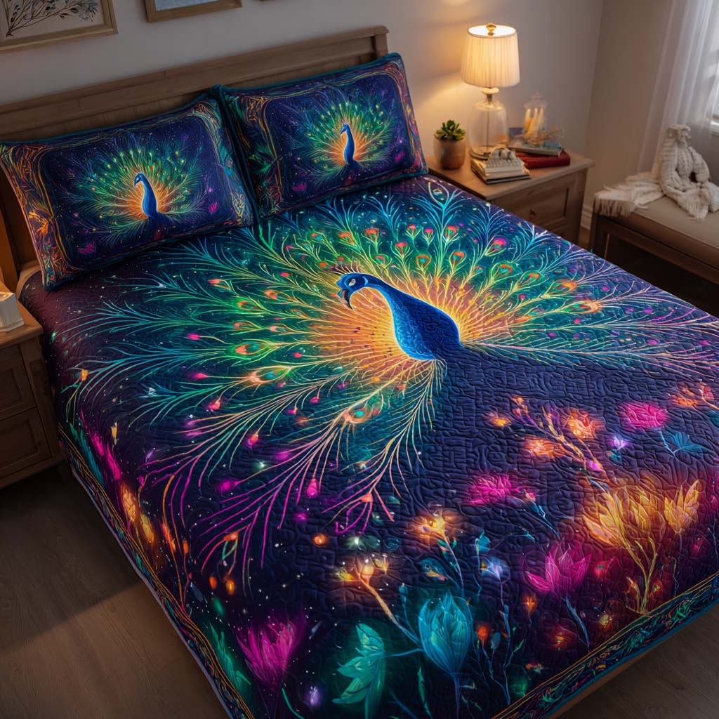 Neon Peacock Fantasy Garden Bamboo Quilt Bedding Set
