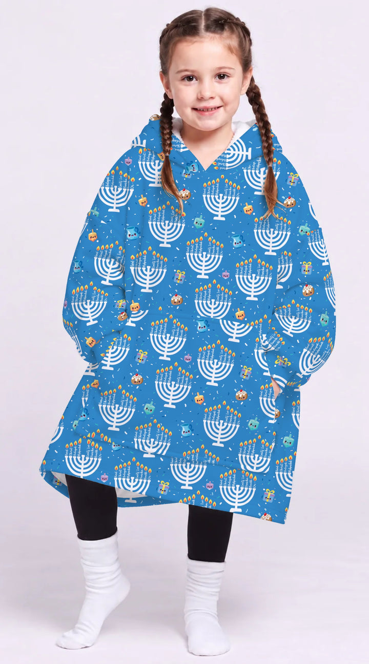 Custom Name Hannukkah Menorah Family Matching Bamboo Blanket Hoodie