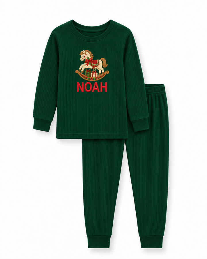 Merry Rocking Horse Embroidered Ribbed Bamboo Two Piece Long Sleeve Pajama Set