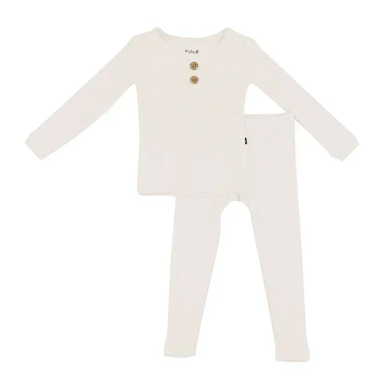 Waldgrünes, geripptes, zweiteiliges Pyjama-Set mit langen Ärmeln 