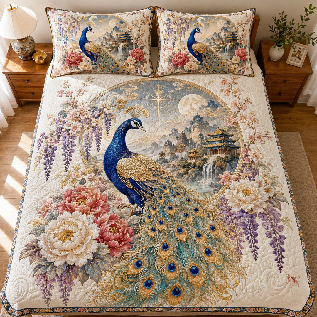 Oriental Peacock Moon Garden Bamboo Quilt Bedding Set