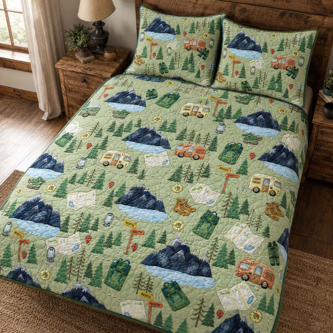 Outdoor Adventure Map Bamboo Quilt Bedding Set