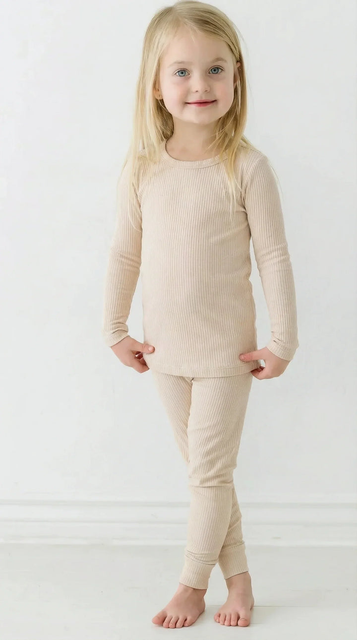 Waldgrünes, geripptes, zweiteiliges Pyjama-Set mit langen Ärmeln 