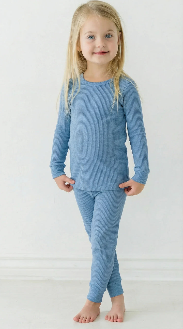 Waldgrünes, geripptes, zweiteiliges Pyjama-Set mit langen Ärmeln 
