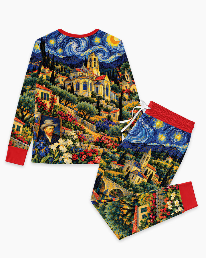 Night Sky Village Pattern Thin Bamboo Women Pajama Set