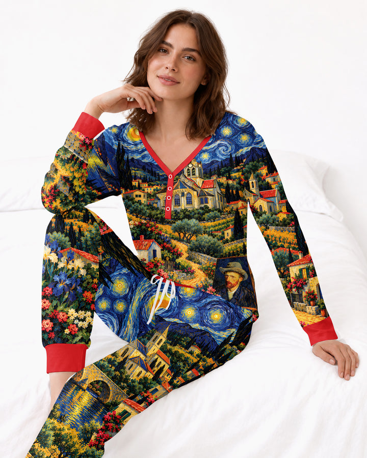 Night Sky Village Pattern Thin Bamboo Women Pajama Set
