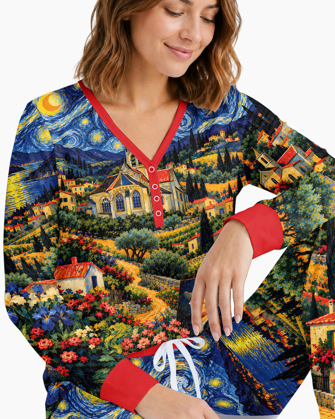 Night Sky Village Pattern Thin Bamboo Women Pajama Set