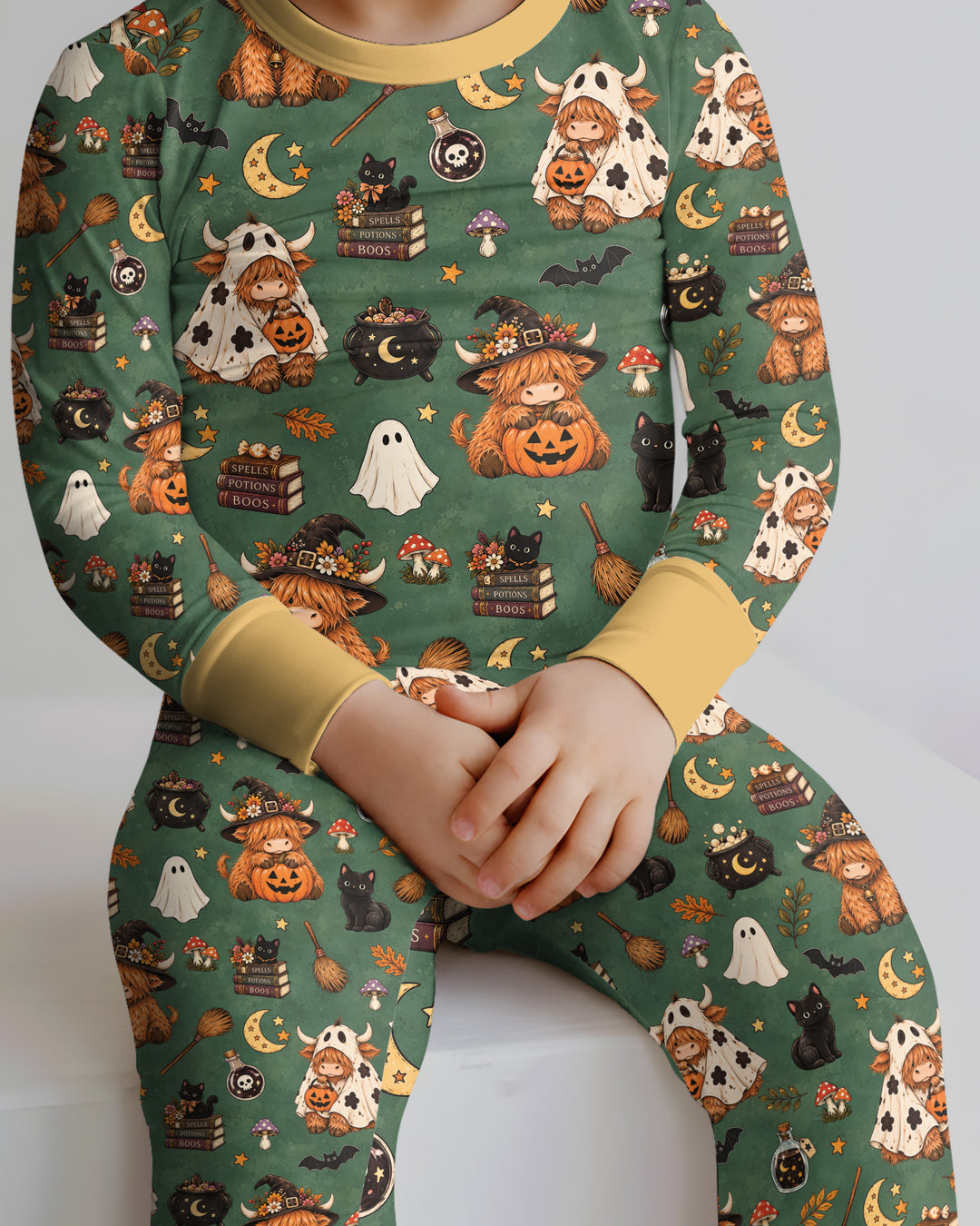 Vintage Highland Cow Halloween Bamboo Two Piece Long Sleeve Pajama Set