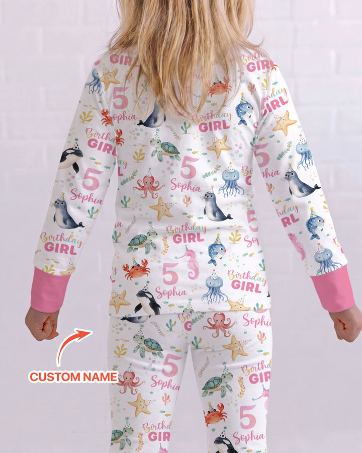 Birthday Under The Sea Custom Name & Age Bamboo Two Piece Long Sleeve Pajama Set