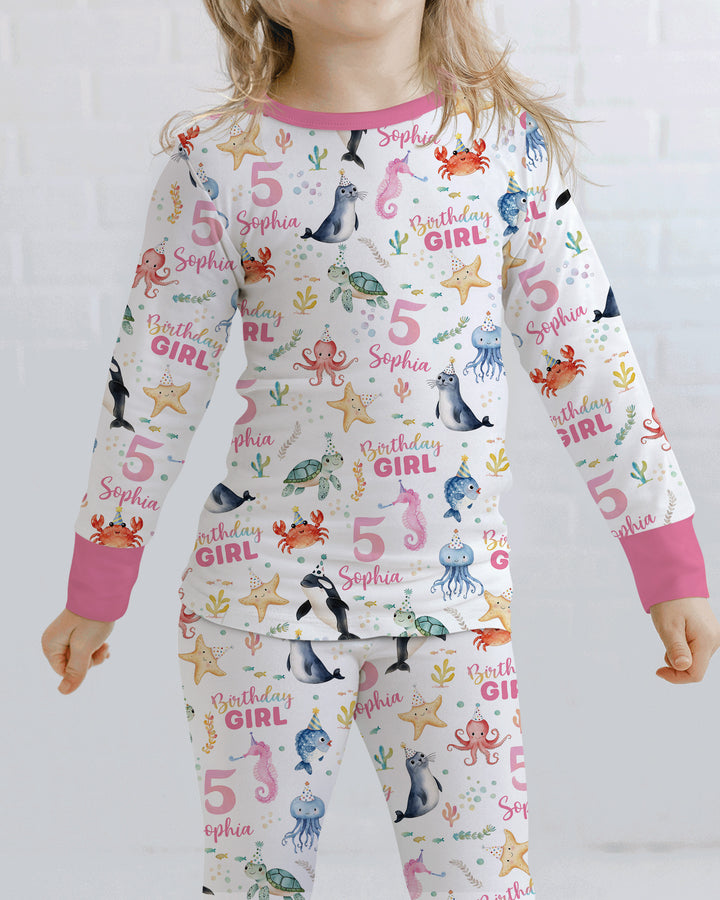 Birthday Under The Sea Custom Name & Age Bamboo Two Piece Long Sleeve Pajama Set