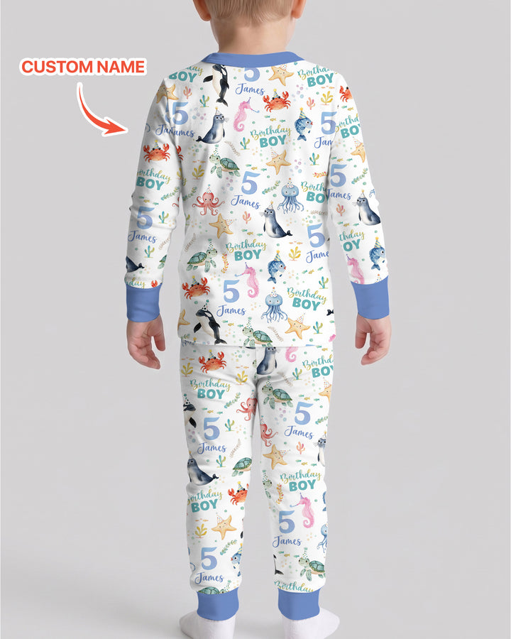 Birthday Under The Sea Custom Name & Age Bamboo Two Piece Long Sleeve Pajama Set
