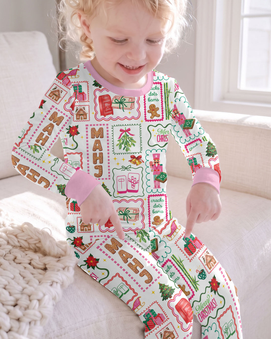 Preppy Christmas Mahjong Bamboo Two Piece Long Sleeve Pajama Set