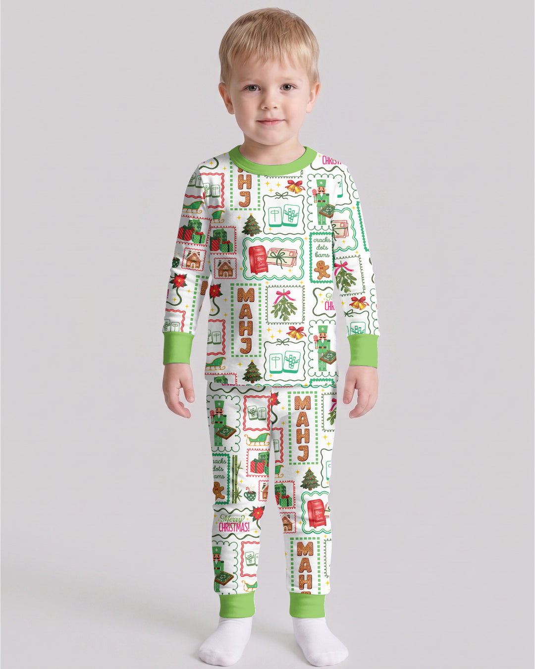 Preppy Christmas Mahjong Bamboo Two Piece Long Sleeve Pajama Set