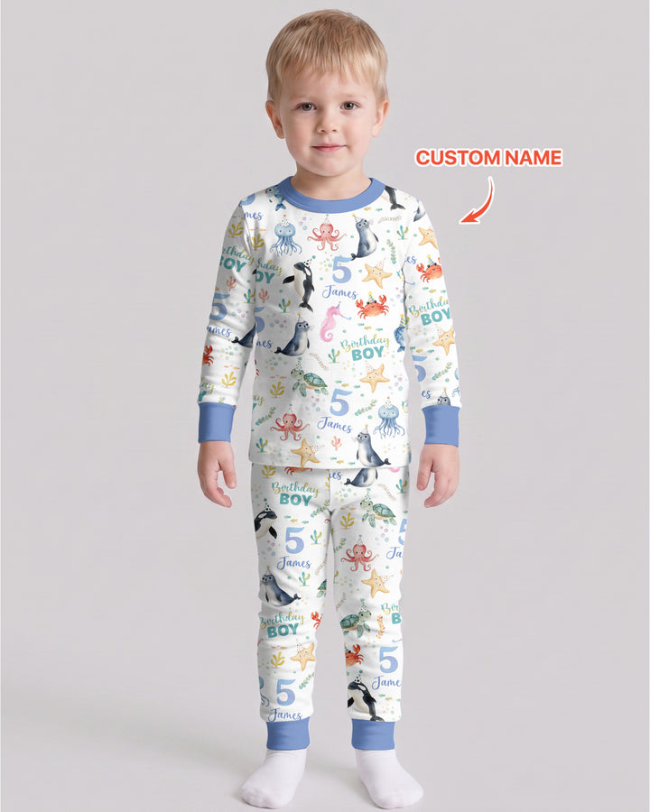 Birthday Under The Sea Custom Name & Age Bamboo Two Piece Long Sleeve Pajama Set