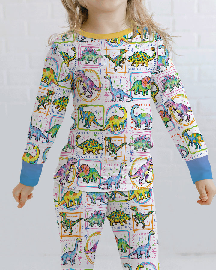 Dinosaur Colorful Stamps Bamboo Two Piece Long Sleeve Pajama Set
