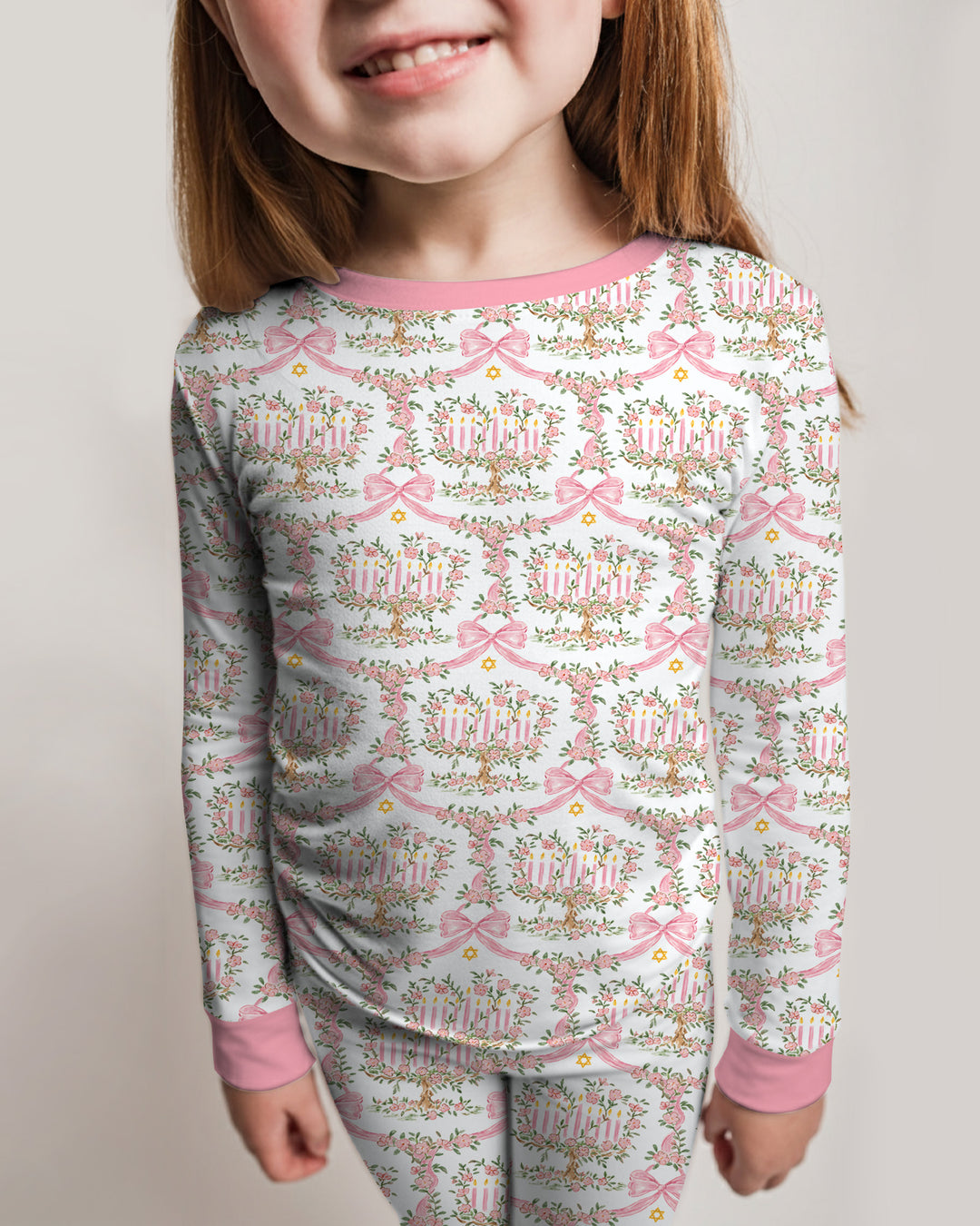 Cute Bow Hanukkah Menorah Bamboo Two Piece Long Sleeve Pajama Set