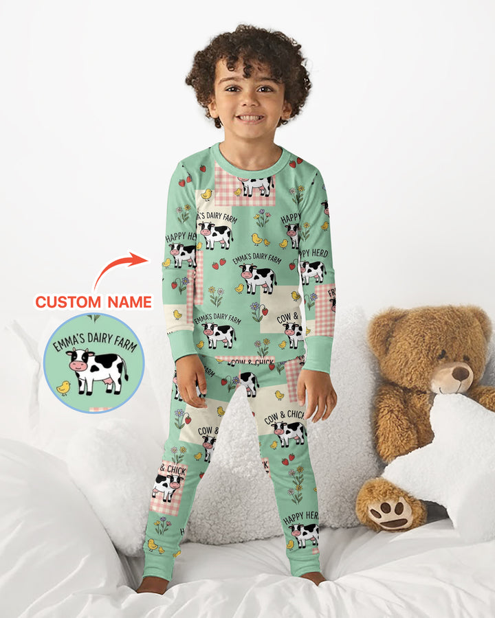 Custom Name Minty Farm And A Tiny Chick Bamboo Two Piece Long Sleeve Pajama Set