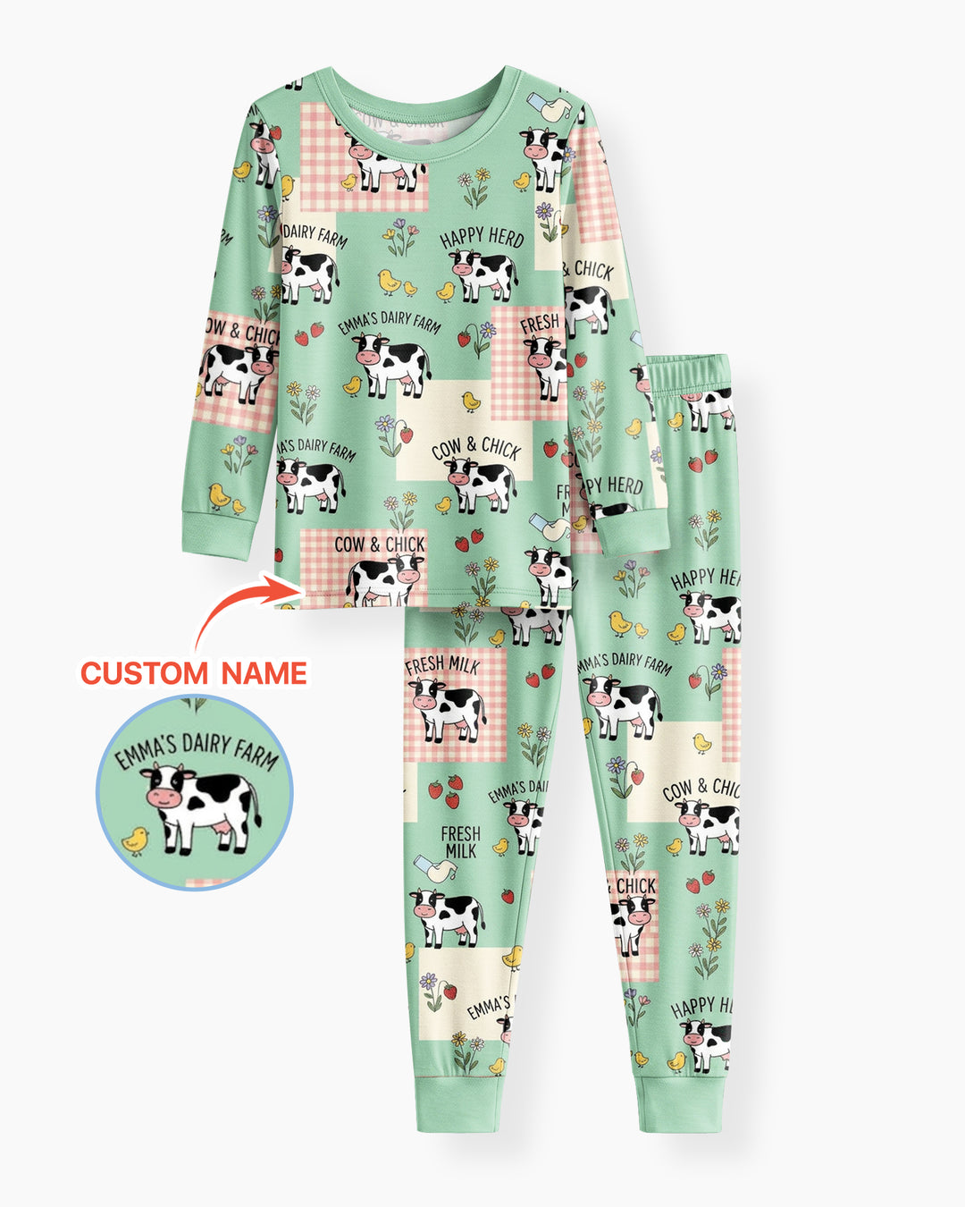 Custom Name Minty Farm And A Tiny Chick Bamboo Two Piece Long Sleeve Pajama Set