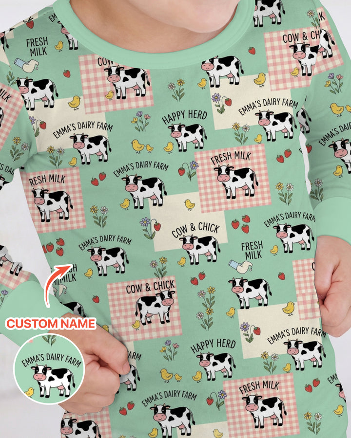 Custom Name Minty Farm And A Tiny Chick Bamboo Two Piece Long Sleeve Pajama Set
