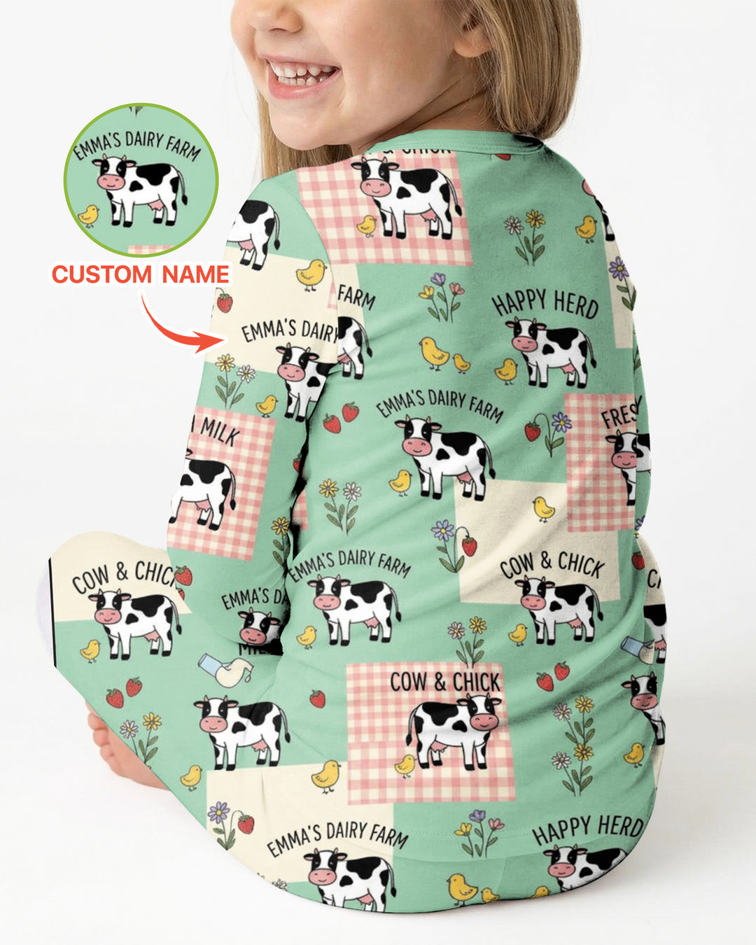 Custom Name Minty Farm And A Tiny Chick Bamboo Two Piece Long Sleeve Pajama Set