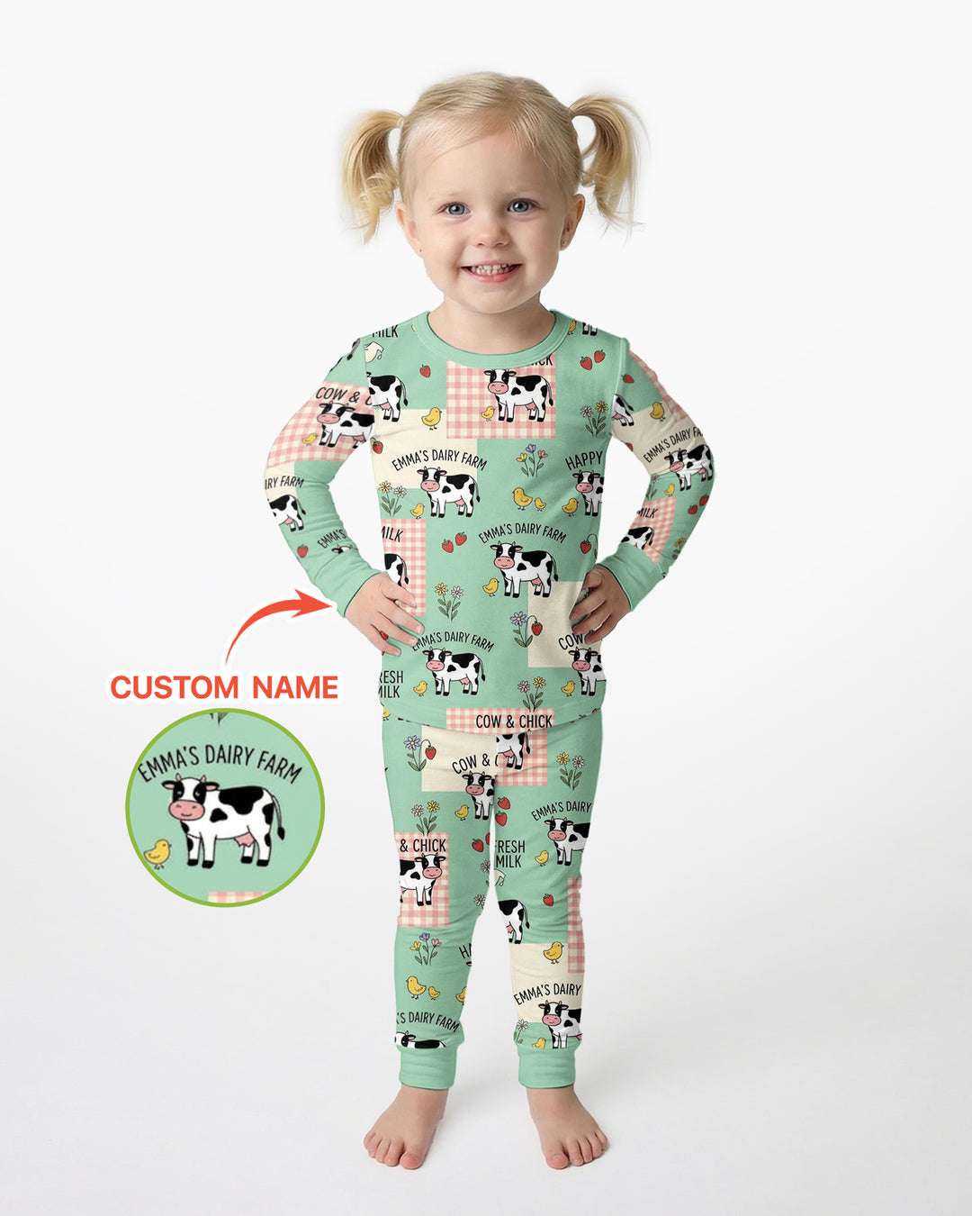 Custom Name Minty Farm And A Tiny Chick Bamboo Two Piece Long Sleeve Pajama Set