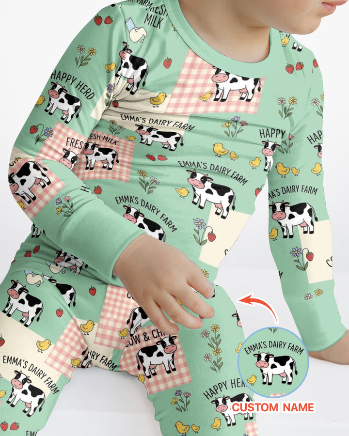 Custom Name Minty Farm And A Tiny Chick Bamboo Two Piece Long Sleeve Pajama Set