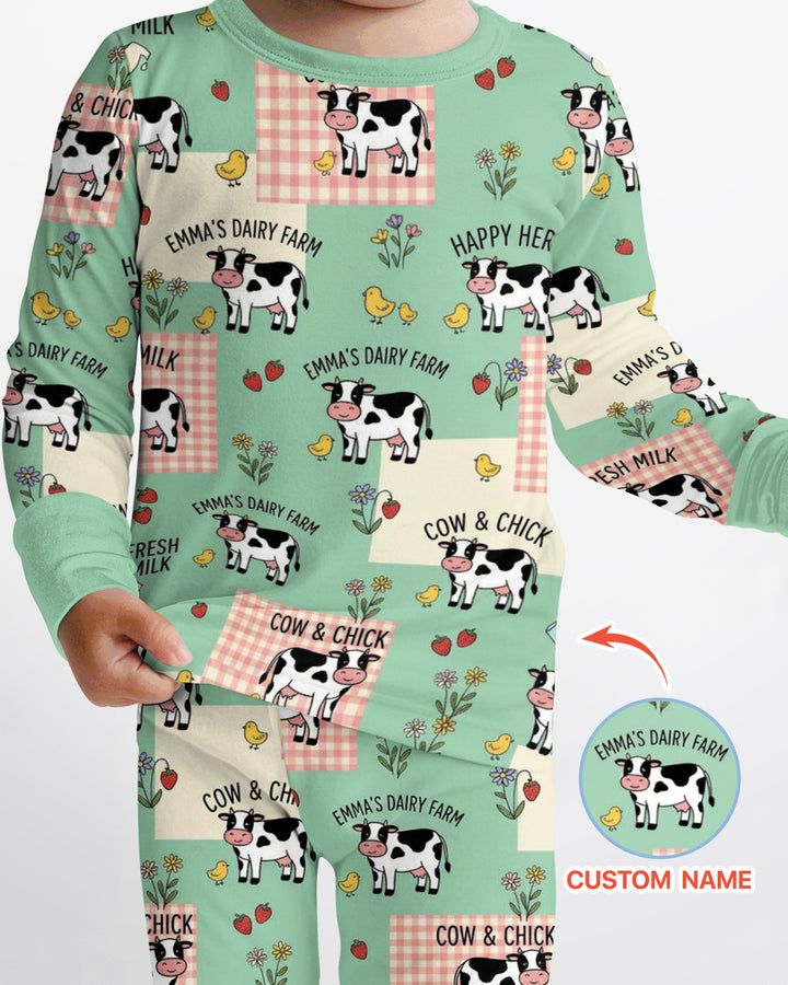 Custom Name Minty Farm And A Tiny Chick Bamboo Two Piece Long Sleeve Pajama Set