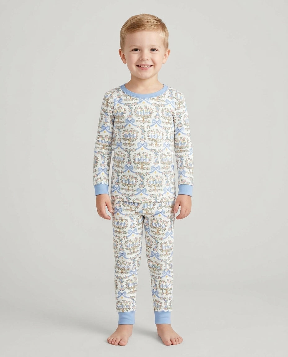 Cute Bow Hanukkah Menorah Bamboo Two Piece Long Sleeve Pajama Set