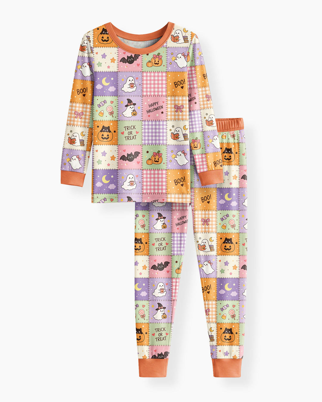 Cute Halloween Trick Or Treat Patchwork Bamboo Two Piece Long Sleeve Pajama Set