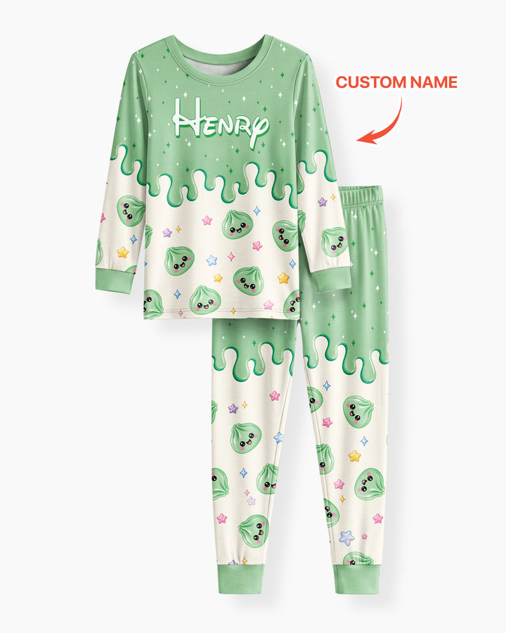 Personalized Dripping Kawaii Dumpling Bamboo Two Piece Long Sleeve Pajama Set