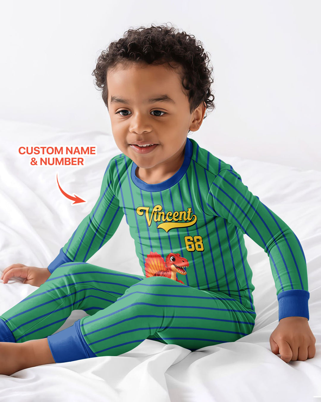 Personalized Retro Stripe Dinosaur T-Rex Bamboo Two Piece Long Sleeve Pajama Set
