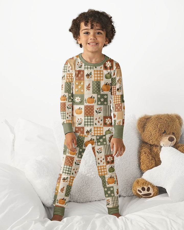 Vintage Fall Gingham Pumpkin Patchwork Bamboo Two Piece Long Sleeve Pajama Set