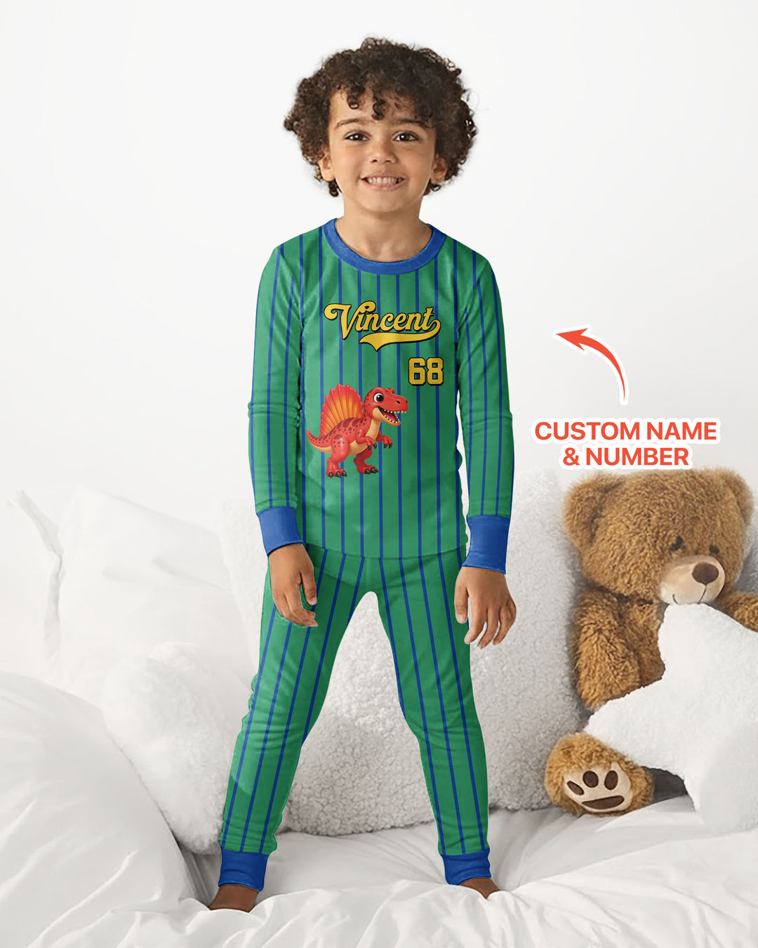 Personalized Retro Stripe Dinosaur T-Rex Bamboo Two Piece Long Sleeve Pajama Set