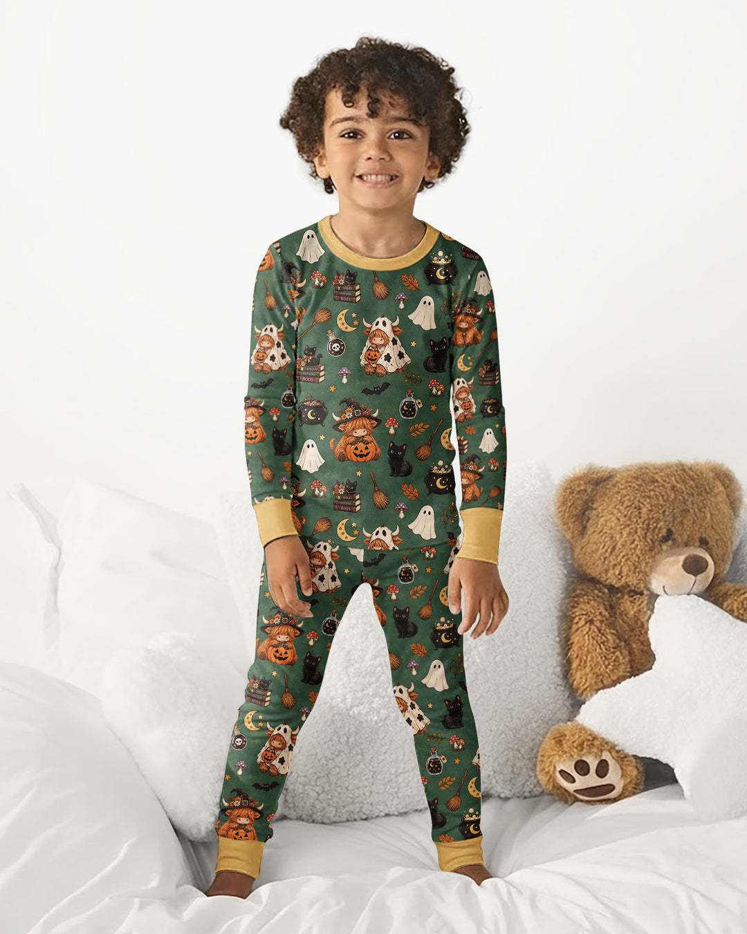 Vintage Highland Cow Halloween Bamboo Two Piece Long Sleeve Pajama Set