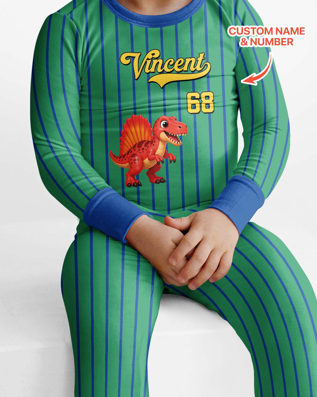 Personalized Retro Stripe Dinosaur T-Rex Bamboo Two Piece Long Sleeve Pajama Set