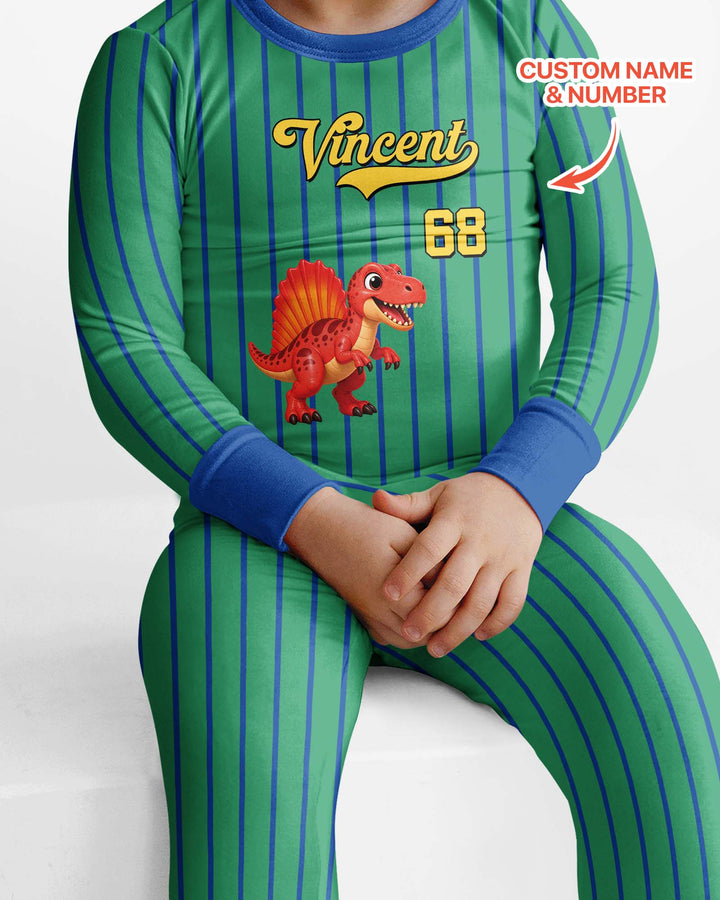 Personalized Retro Stripe Dinosaur T-Rex Bamboo Two Piece Long Sleeve Pajama Set