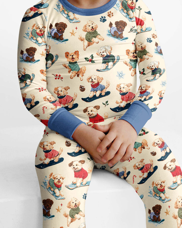 Snowboarding Dogs Bamboo Two Piece Long Sleeve Pajama Set