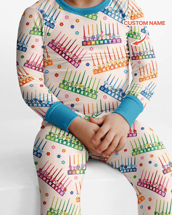 Personalized Jewish Menorah Bamboo Two Piece Long Sleeve Pajama Set