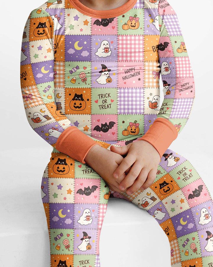 Cute Halloween Trick Or Treat Patchwork Bamboo Two Piece Long Sleeve Pajama Set