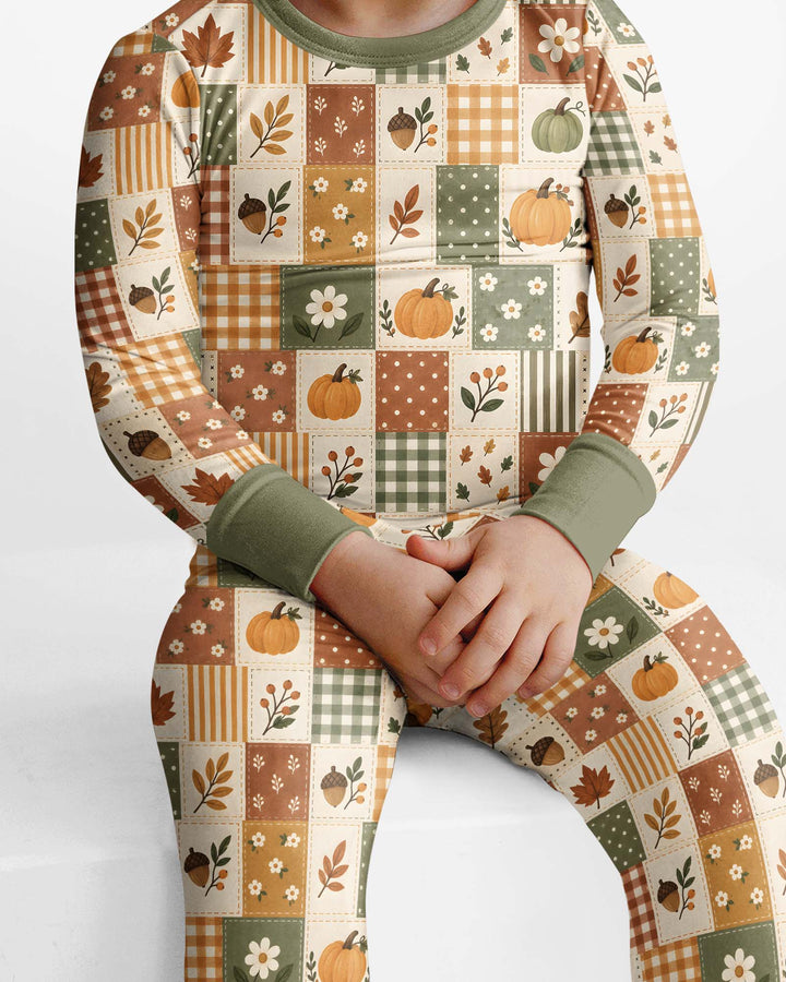 Vintage Fall Gingham Pumpkin Patchwork Bamboo Two Piece Long Sleeve Pajama Set