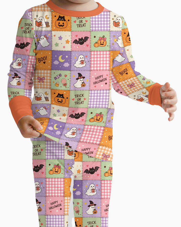 Cute Halloween Trick Or Treat Patchwork Bamboo Two Piece Long Sleeve Pajama Set