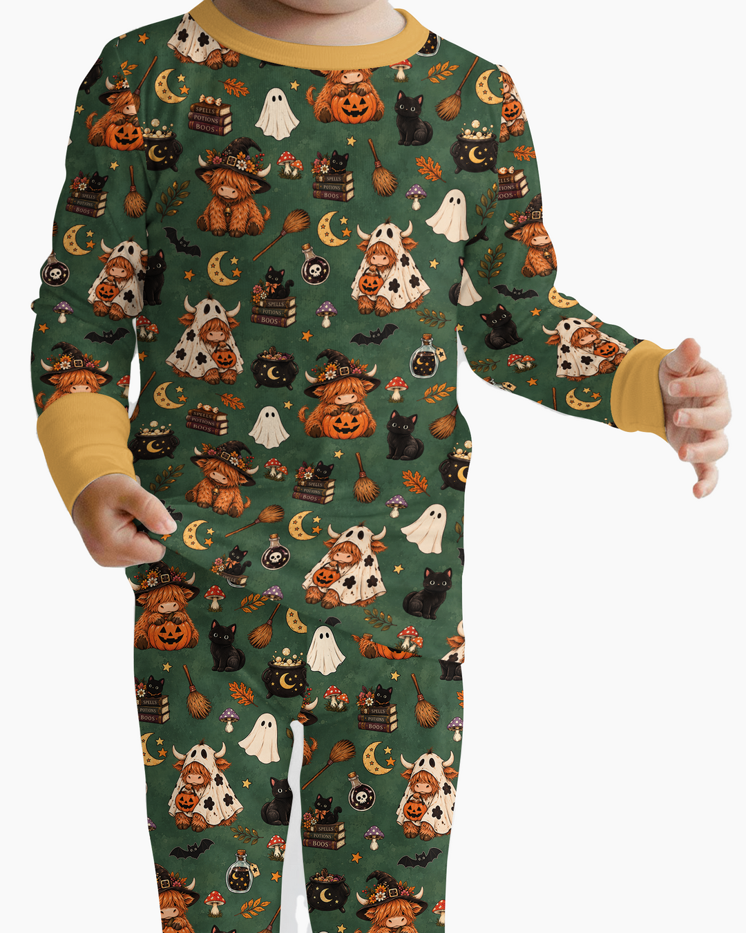 Vintage Highland Cow Halloween Bamboo Two Piece Long Sleeve Pajama Set