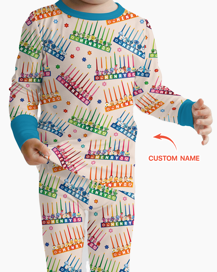 Personalized Jewish Menorah Bamboo Two Piece Long Sleeve Pajama Set