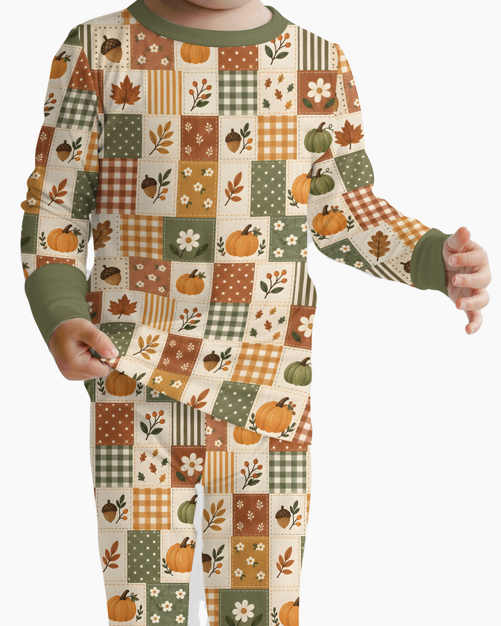 Vintage Fall Gingham Pumpkin Patchwork Bamboo Two Piece Long Sleeve Pajama Set