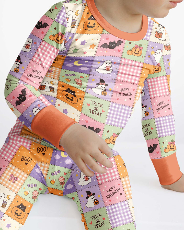 Cute Halloween Trick Or Treat Patchwork Bamboo Two Piece Long Sleeve Pajama Set